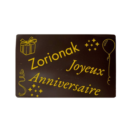 Mini tablette joyeux anniversaire chocolat Noir 70% cacao du Pays Basque