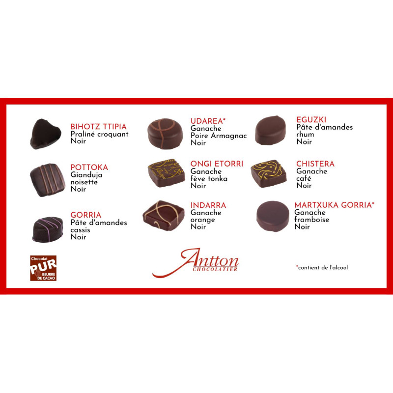 Ballotin de chocolats Noir, ganache, praliné, pâte d'amandes